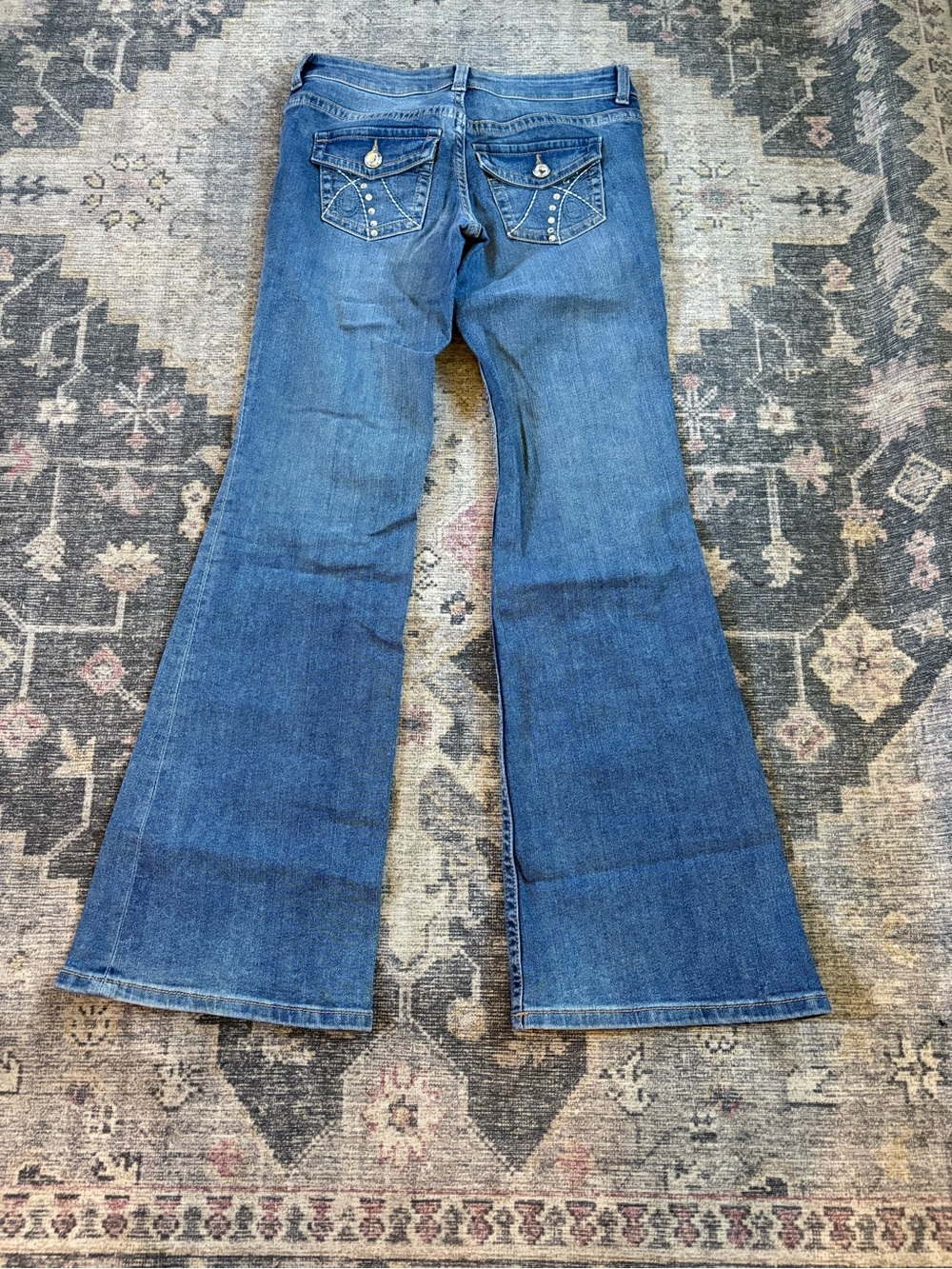 H&M Women's Blue Flare Jeans with Embellished Back Pockets